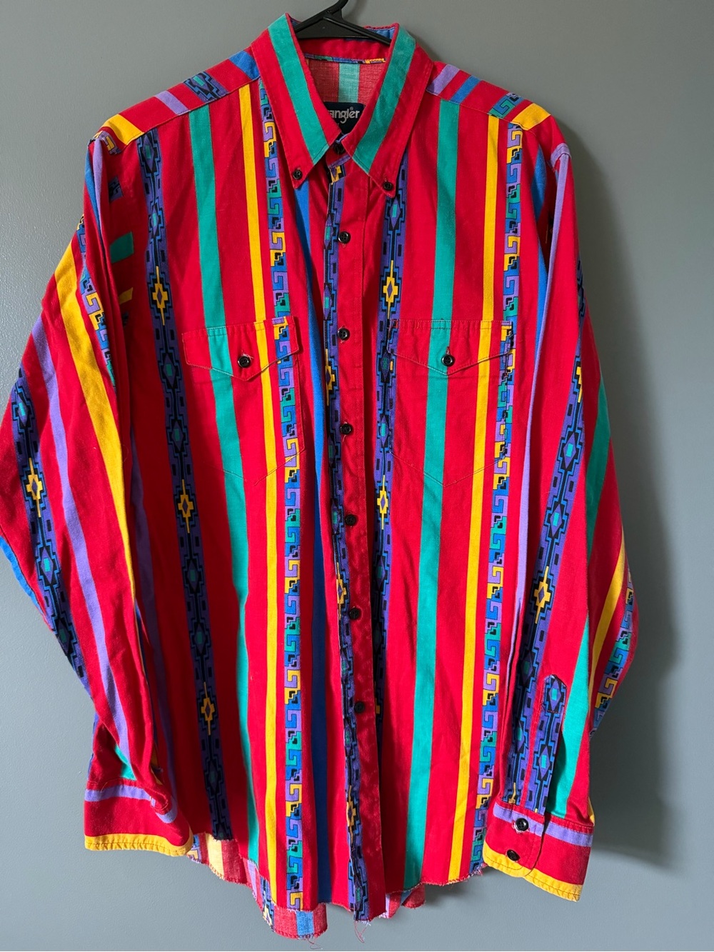 Vintage 90s Wrangler Brushpopper Long Tail Aztec Western Shirt Men’s 17/36